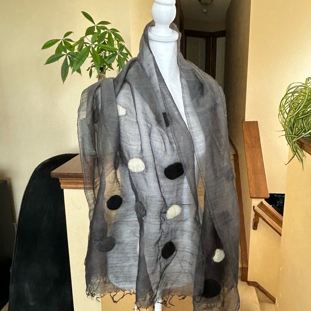 Wool & silk  Blend Gray Sheer Scarf with Polka Dots